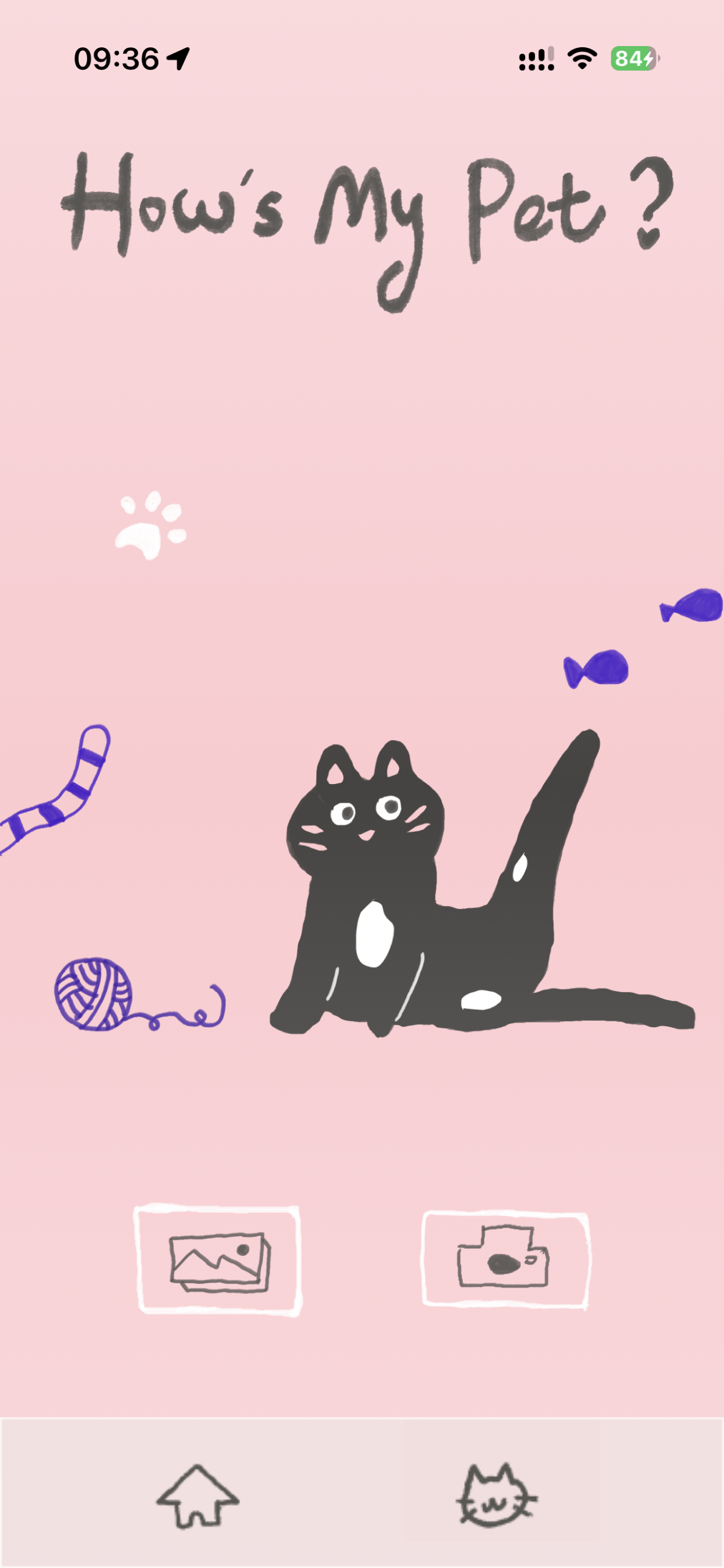 PawMood 首页截图，粉色手绘风格宠物上传界面